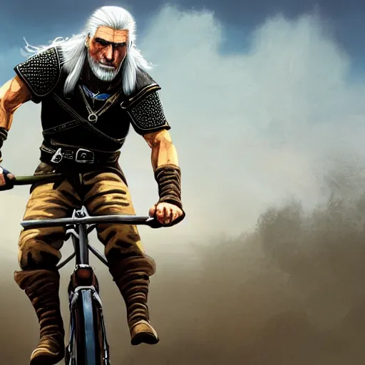 Prompt: geralt riding a bike, digital art, oil painting, trending on artstation