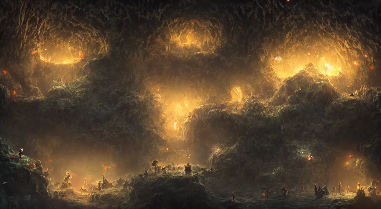 Prompt: a gloomy cave filled with giant hamsters and fireflies, mysterious, large scale, breathtaking, mixed media, digital art, trending on artstation, 8k, epic composition, highly detailed, AAA graphics