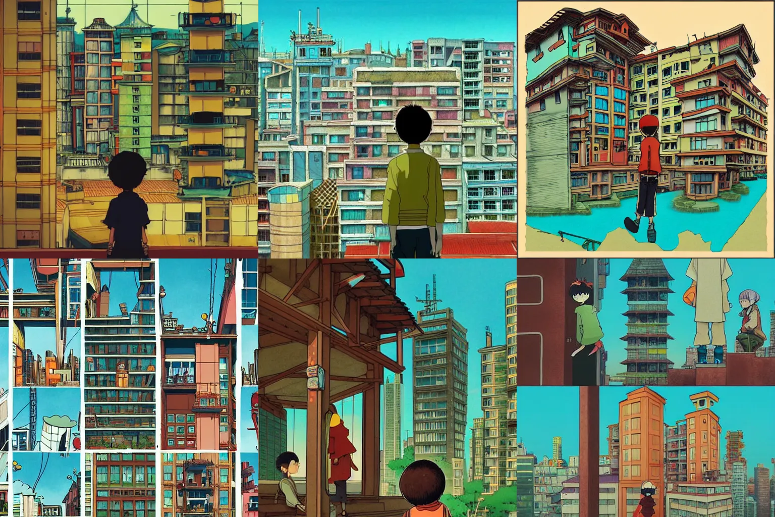 Prompt: artwork of a building and humanoid in a nice scenery in the style of tekkonkinkreet,
