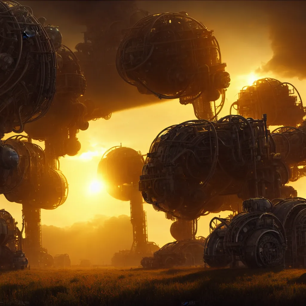 Image similar to factorio, automation, pollution, machina, soft lighting, crepuscular rays, realistic octane render, 8k, ultra detailed, concept art, painted by gaston bussiere