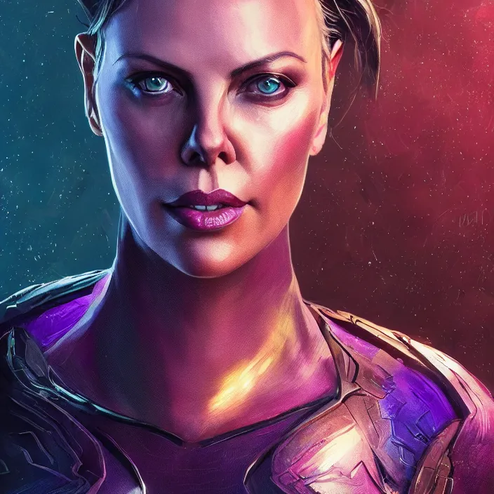 Image similar to portrait of Charlize Theron as a Thanos. intricate abstract. intricate artwork. by Tooth Wu, wlop, beeple, dan mumford. octane render, trending on artstation, greg rutkowski very coherent symmetrical artwork. cinematic, hyper realism, high detail, octane render, 8k, iridescent accents