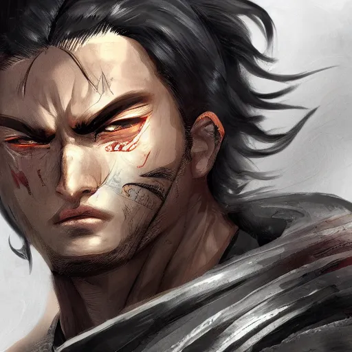 Image similar to a close up portrait of a demon slayer man, trending on artstation