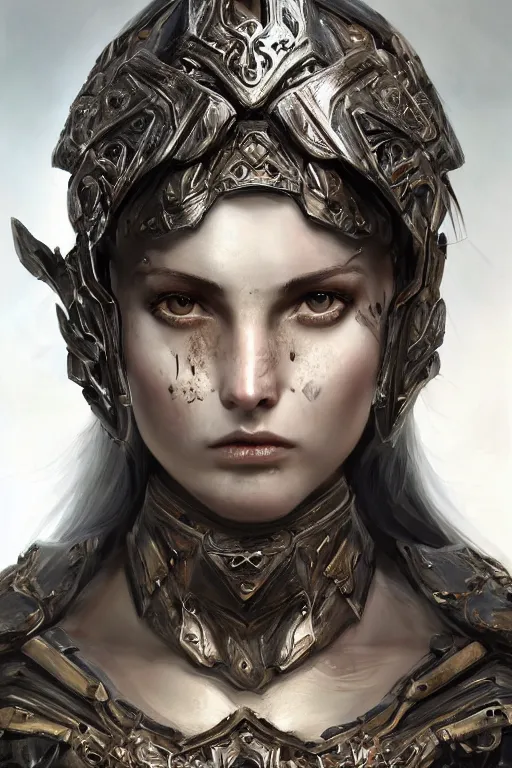 Image similar to ne stylised woman , fair skin, big eyes, long black hair, no bangs, wearing sculpted textured armour, closes her eye, battle damage, intricate complexity, close-up of the front of the face, resolute expression, back lighting, 4K resolution, symmetric, clear facial features, by Ruan Jia and Mandy Jurgens and William-Adolphe Bouguereau, Karol Bak, smooth, sharp focus, rich deep colors, digital render, intricate, ultra realistic, concept art