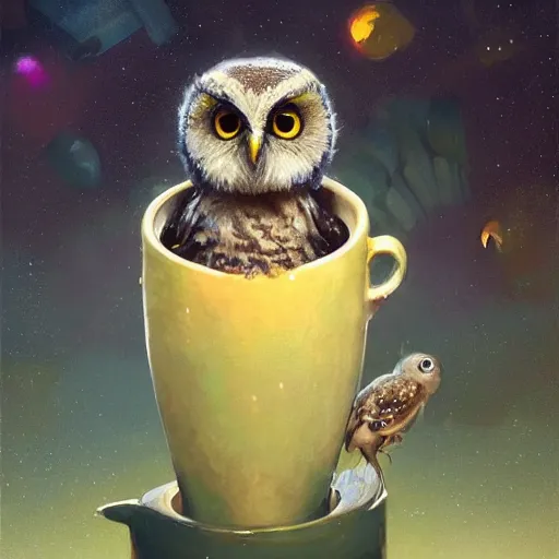 Image similar to long shot of a very cute owl chick nesting in a very futuristic cup, esao andrews, m. w. kaluta, john berkey, humorous illustration, hyperrealistic, big depth of field, warm colors, night scenery, low light, 3 d octane render, 4 k, conceptart, hyperdetailed, hyperrealistic, trending on artstation