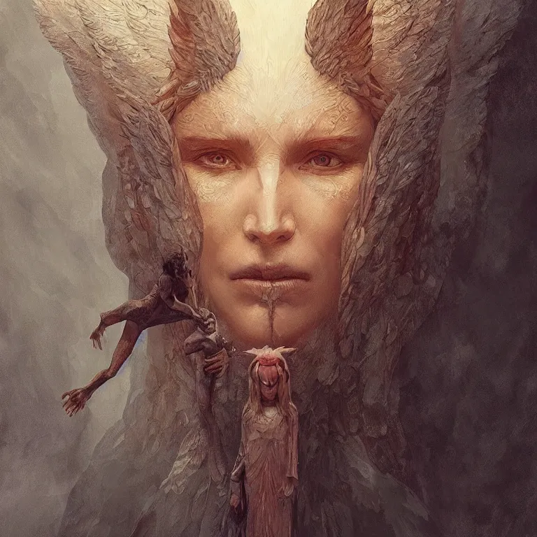 Image similar to angel watching demon, 3 d render, esao andrews, artstation, high face symmetry, intricate, masterpiece, award winning, high face symmetry, intricate, digitalillustration, by greg rutkowski