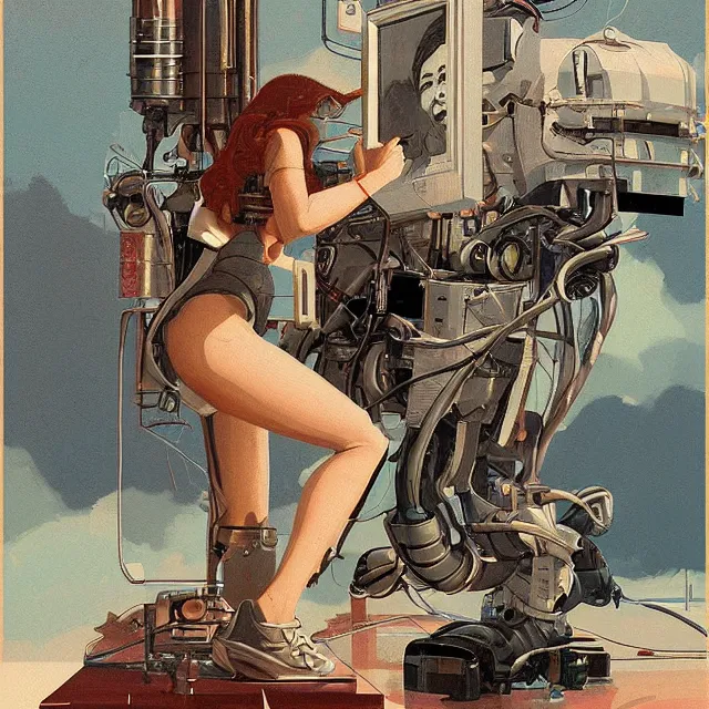 Image similar to robot artist painting a self - portrait on a canvas. intricate, highly detailed, digital matte painting, in the style of alexandros pyromallis, and in the style of sachin teng, and in the style of hans thoma, and in the style of gil elvgren. irony, recursion, inspiration, streamline moderne.