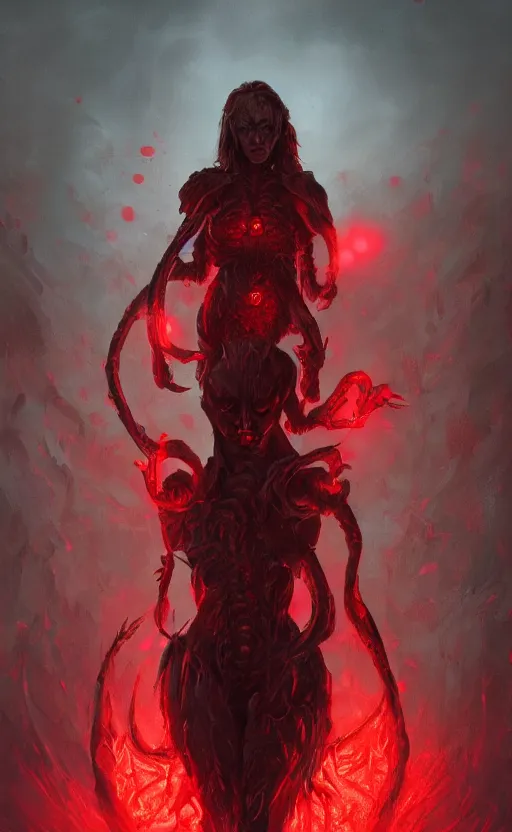 Image similar to mother demogorgon in the background, red ambience, at night, creepy over the street in the background, dynamic lighting, photorealistic fantasy concept art, trending on art station, stunning visuals, creative, cinematic, ultra detailed