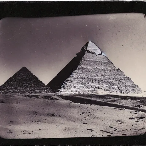 Image similar to tintype photo, underwater, pyramids falling down