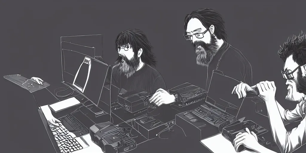 Image similar to programmer, man with beard, computer, by hisashi eguchi, kentaro miura, and yoshitaka amano, futuristic, 8 k
