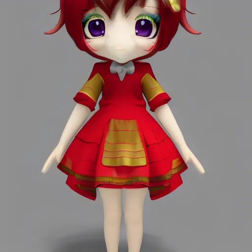 Prompt: cute fumo plush of a girl in a red and gold patterned dress, stylized material bssrdf, vray, anime girl