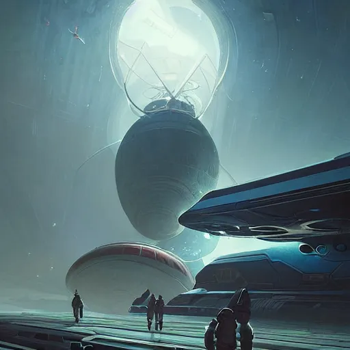 Prompt: professional ominous concept art of a sci - fi space ship touching down at a space station by artgerm and greg rutkowski. an intricate, elegant, highly detailed digital painting, concept art, smooth, sharp focus, illustration, in the style of simon stalenhag wayne barlowe, igor kieryluk.