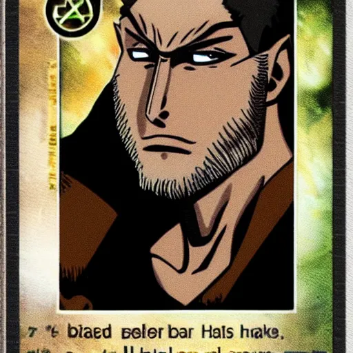 Image similar to official hunter x hunter card with picture of a thin white skinned armenian with a big jaw and a hairy chest