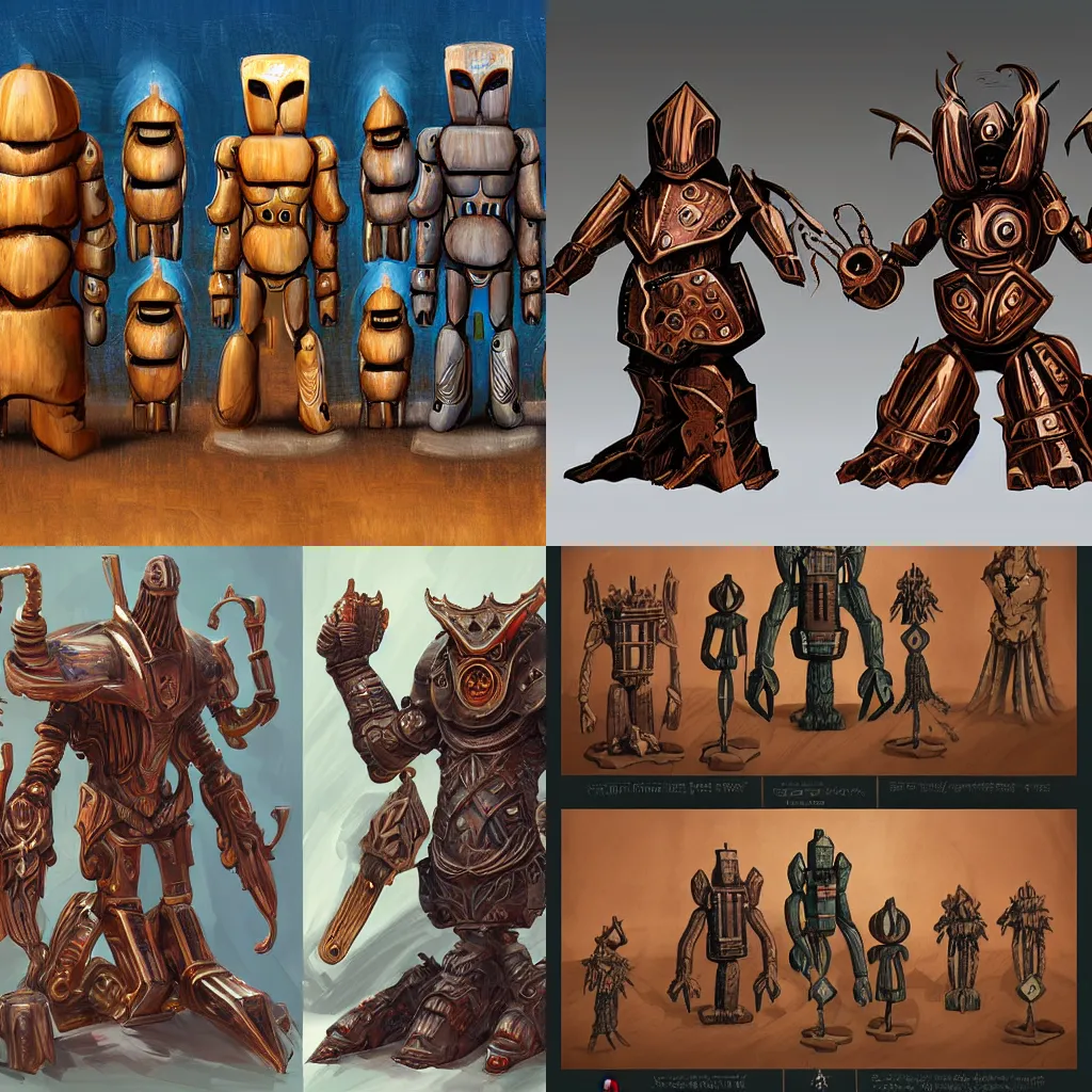 Prompt: wooden golems on the left and alien knights on the right, by shanqiao, digital art