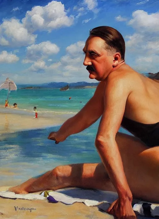 Image similar to adolf hitler sunbathing at an argentinian beach by vladimir volegov and alexander averin