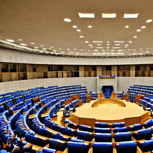 Prompt: interior of the israeli parliament, located in the center of a building site in israel, wide shot