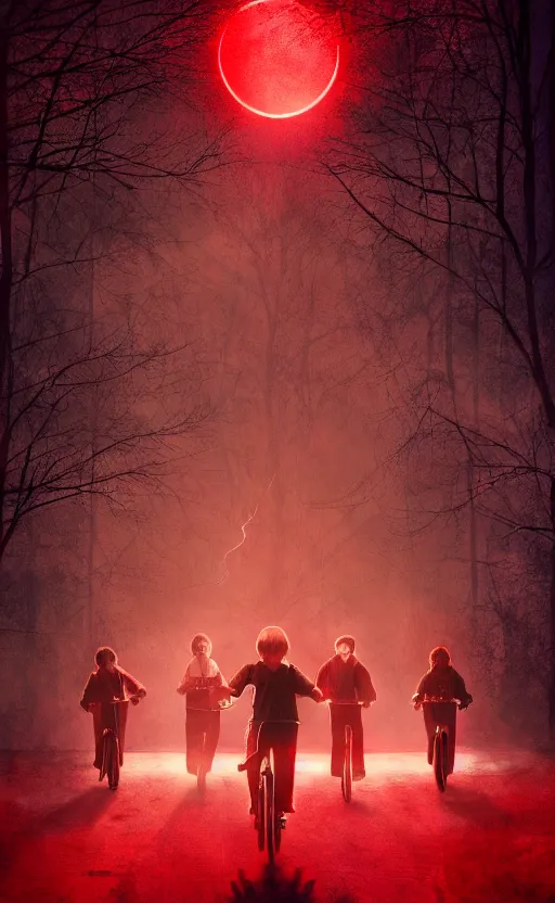 Image similar to stranger things inspired wallpaper, red ambience, at night, creepy over the street in the background, dynamic lighting, photorealistic fantasy concept art, trending on art station, stunning visuals, creative, cinematic, ultra detailed