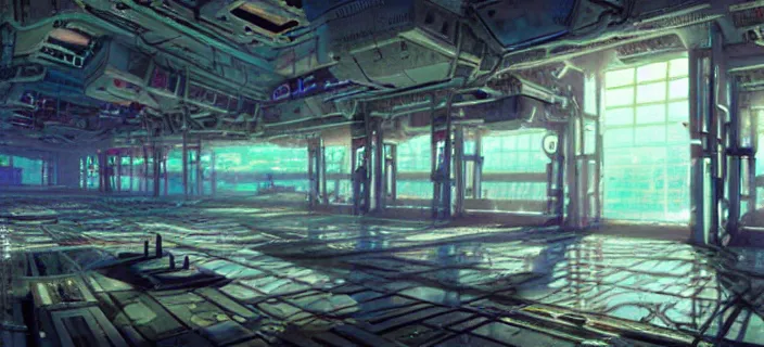 Prompt: colorful, creepy landscape painting of detailed interior of giant scientific research facility labo, area 3, inner ring, floor b 2, anime key visual by craig mullins