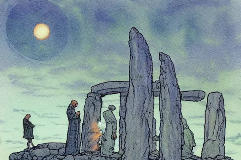 Prompt: a realistic and atmospheric watercolour fantasy concept art of a ufo landing in a floating stonehenge. medieval monk in grey robes is on his knees praying. a crescent moon in the sky. muted colors. by rebecca guay, michael kaluta, charles vess and jean moebius giraud