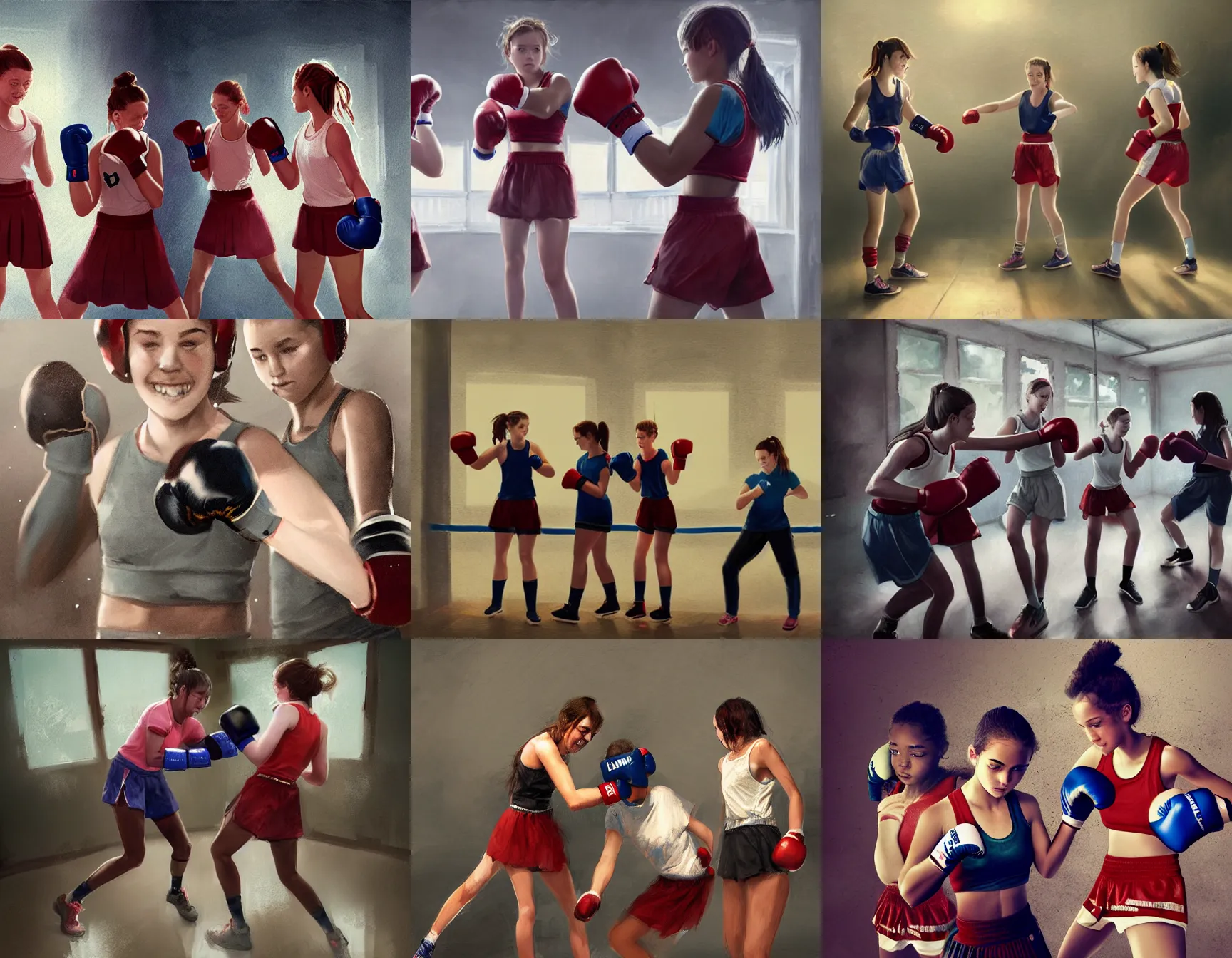 Prompt: a group of teenage girls learning boxing, wearing school uniform, smiling, digital portrait by greg rutkowski, intricate, soft focus, highly detailed, cinematic, epic, artstation