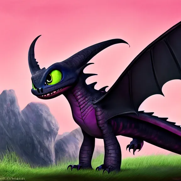 Image similar to High definition quality picture of toothless the dragon from How to Train a Dragon with a pink and purple Sunset Viking art style