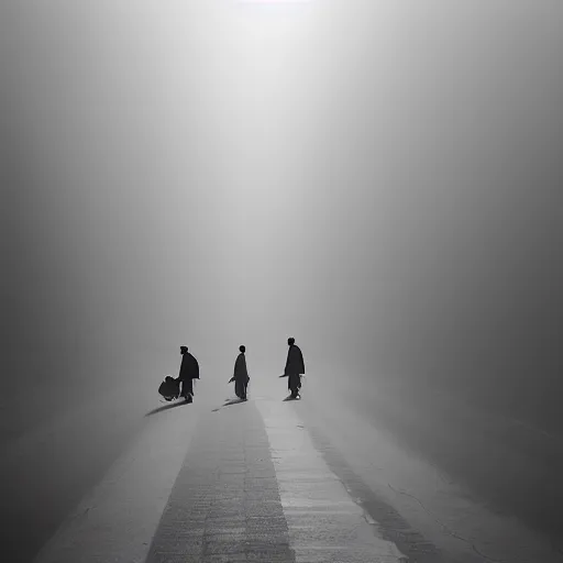 Image similar to people going to their office walking on wide side road,misty morning with long shadows,fan ho photography