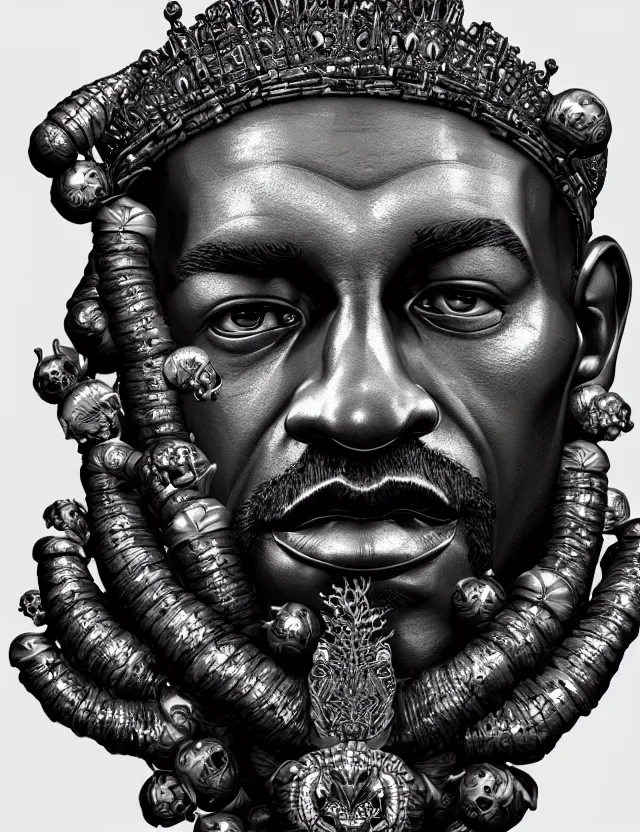 Image similar to symmetrical, centered, zbrush sculpt of michael jordan close - up portrait with crown made of skulls. phoenix betta fish, phoenix, bioluminiscent creature, super intricate ornaments artwork by tooth wu and wlop and alena aenami and greg rutkowski