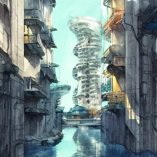 Image similar to Narrow cosy waterway in futuristic sci-fi city in harmony with nature. Nice colour scheme, soft warm colour. Beautiful detailed watercolor by Lurid. (2022)