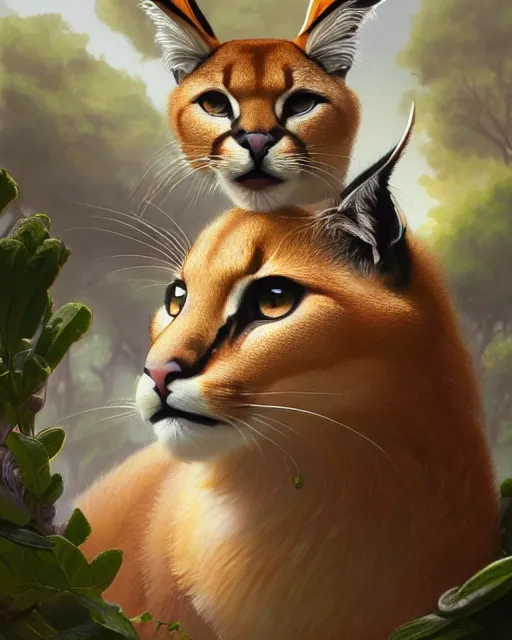 Prompt: a laurel wreath on top of a head of fluffy caracal, photography of kurzgesagt, no people, deep focus, d & d, intricate, elegant, highly detailed, digital painting, artstation, concept art, matte, sharp focus, illustration, hearthstone, art by artgerm and greg rutkowski and alphonse mucha