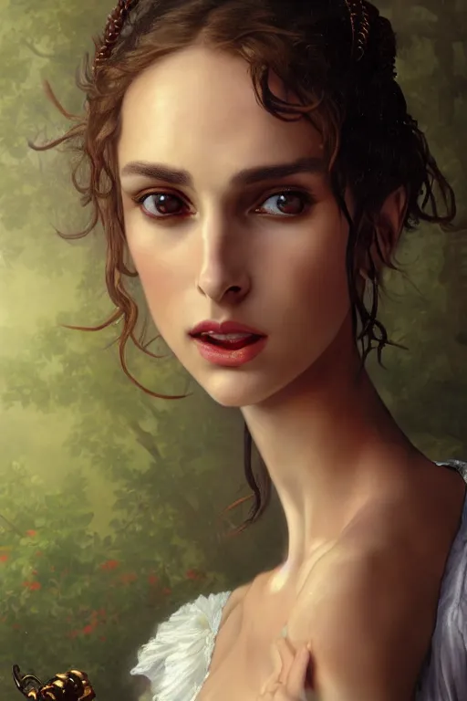 Image similar to Nathalie Portman in a fantasy comic book style portrait painting of Ayanami Rei, François Boucher, Oil Painting, Mystical Valkyrie, unreal 5, DAZ, hyperrealistic, octane render, Regal, Refined, Detailed Digital Art, RPG portrait, William-Adolphe Bouguereau, Michael Cheval, Walt Disney (1937), Steampunk, dynamic lighting, Highly Detailed, Cinematic Lighting, Unreal Engine, 8k, HD