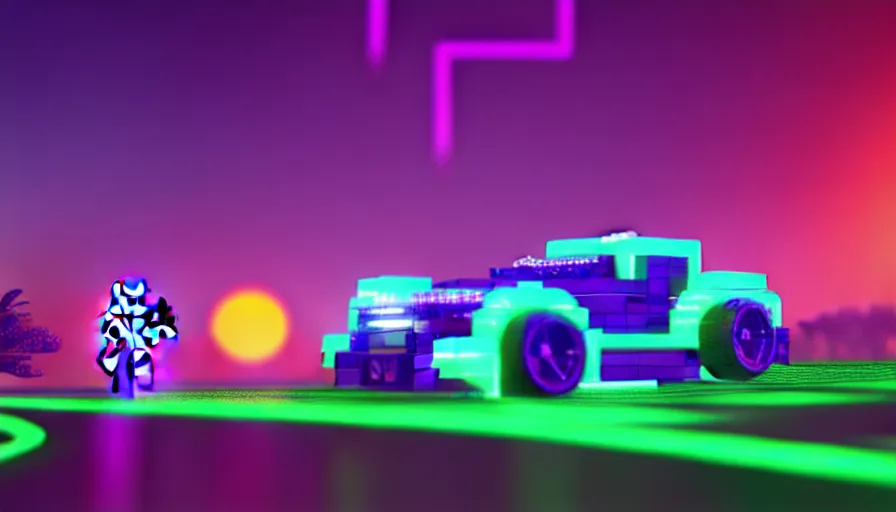 Image similar to luminescent lego car driving on a neon road into the distance with glowing cyberpunk signs leaving long glowing trails, dark magical forest, synthwave, octane render, purple fog, futuristic, sunset, purple rays, reflective mirror puddles, beautiful lighting, ultra realistic, highly detailed, 8 k