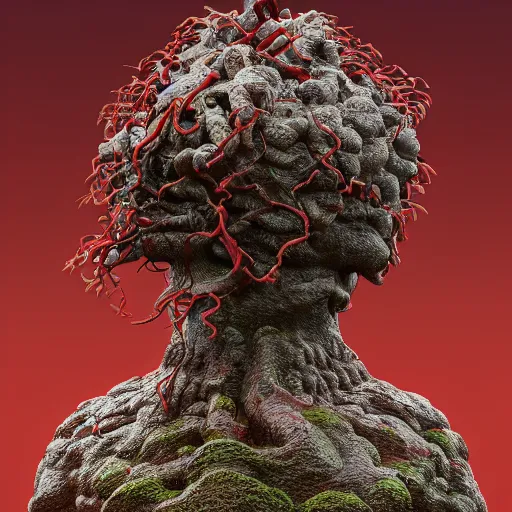 Image similar to incredibly detailed 100 year old Morton Bay fig bonsai planted in, Upside-down ancient intricate red samurai helmet, volcanic rocks, photorealistic, vulumetric lighting, exquisite detail, vray 4k highly detailed, no dof