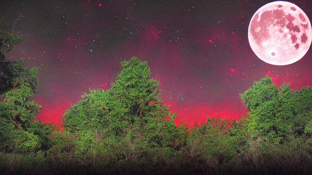 Image similar to (((psychedelic))) 8k ultra realistic night time photography of a mystical cosmic night sky with red smoke and a perfect huge full moon, A glimpse through a small gap in the dark green dense foliage!! and overgrowth and the trees of the huge full moon over water in a dark sky. wreathed in red smoke!!!, mist, starlight, night-time, volumetric lighting, dark enclosed, cozy, quiet forest night scene, spangled, cosmic