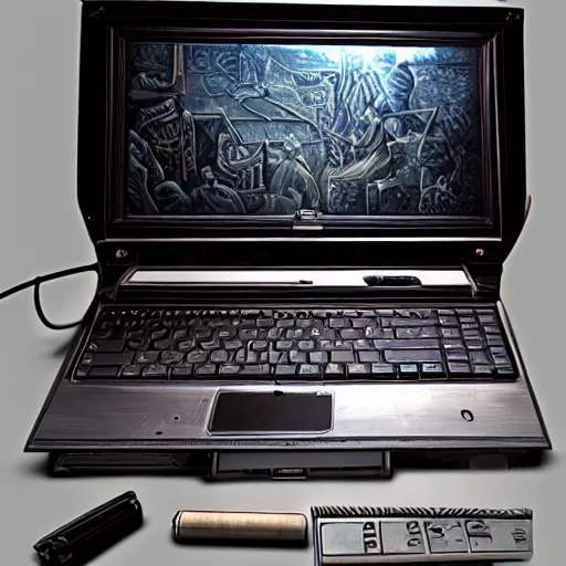 Image similar to Portable computer in ancient time, highly detailed, highly realistic, artstation, by Hans Giger