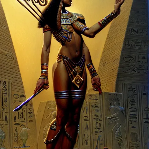 Image similar to egyptian goddess by guillermo del toro, intricate, elegant, highly detailed, centered, digital painting, artstation, concept art, smooth, sharp focus, illustration, donato giancola, Joseph Christian Leyendecker, WLOP, Boris Vallejo