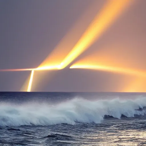 Prompt: a photo of a beam of light striking the ocean causing large waves, highly detailed