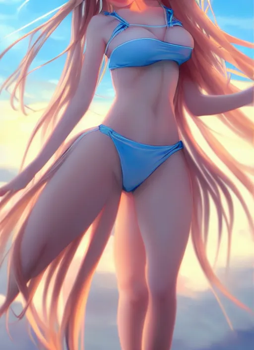 Image similar to a very beautiful young anime giantess from below, full body, long wavy blond hair, sky blue eyes, full round face, evil grin, bikini, miniskirt, front view, mid - shot, highly detailed, cinematic wallpaper by stanley artgerm lau