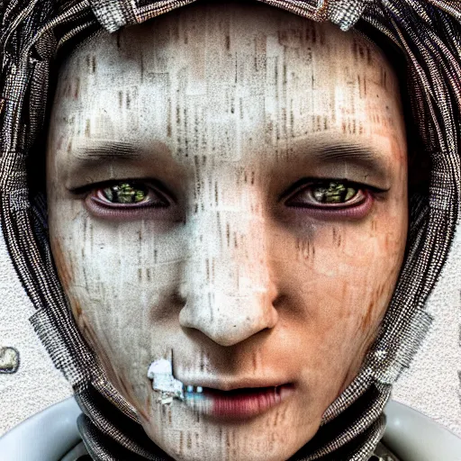 Prompt: a detailed portrait of a vagabond robot in dessert rags, 4 k, exposed wires, sci - fi, advanced technology, ai, human features, human shape