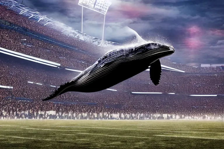 Image similar to a humpback whale flying in the air over an nfl football stadium ultra detailed realistic photograph cinematic lighting