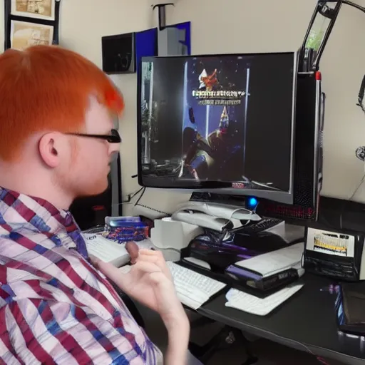 Prompt: a male ginger puppet streams games on his computer to twitch,