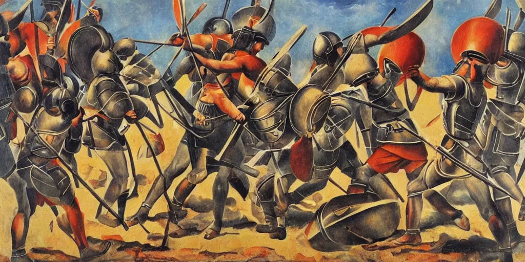 Image similar to italian futurism style painting of greek hoplites at war