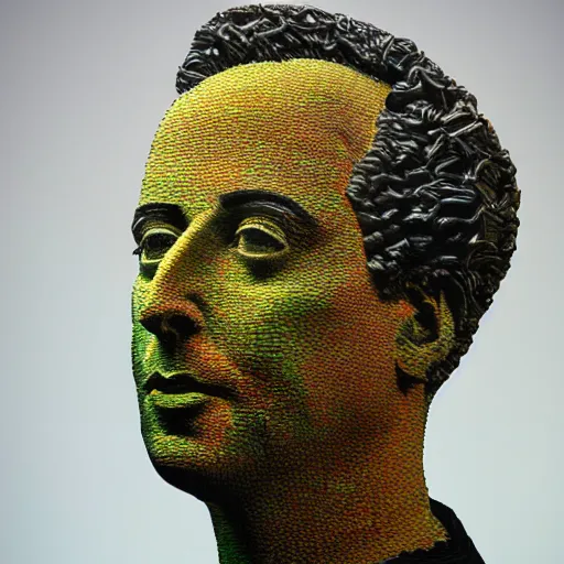 Image similar to hyperrealistic mixed media image of a statue of jerry seinfeld made entirely of multicolored dry noodles, stunning 3 d render inspired art by istvan sandorfi and greg rutkowski, perfect facial symmetry, realistic, highly detailed attributes and atmosphere, dim volumetric cinematic lighting, 8 k octane extremely hyper - detailed render, post - processing, masterpiece,