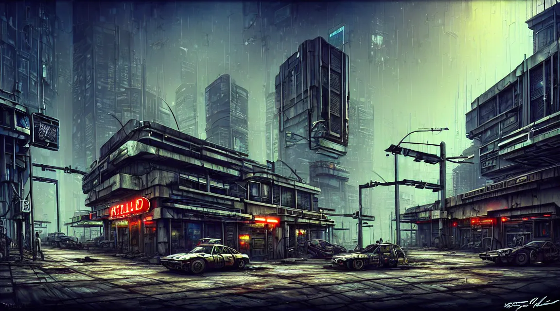 Image similar to post apocalyptic cyberpunk police station, building, avenue, urban architecture, americana architecture, concrete architecture, cloudy sky, paved roads, by guido borelli, by boris vallejo trending on artstation, photorealistic, wild vegetation, utopian, futuristic, blade runner, vivid colors scheme, neon signs, sharp, clear, focus