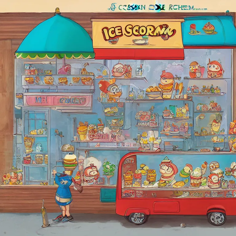 Image similar to ICE CREAM SHOP by richard scarry, HD, trending on artstation