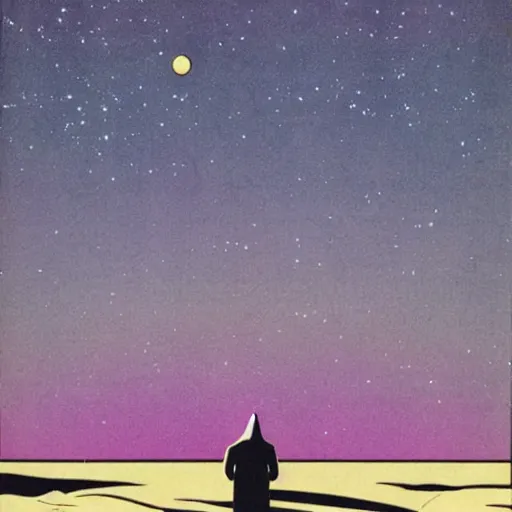 Image similar to 1970s sci-fi comic book art of a silhouette cloaked man standing in the middle of an empty desert, in front of the moon and nebula galaxy stars, beautiful hues of orange, purple and blue, illustrated by Roger Dean