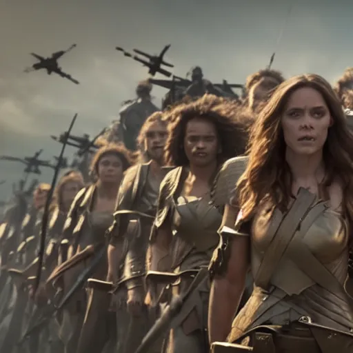 Image similar to the goddesses fraya going to war with her army of valkyries, golden hour, 8 k uhd, high detail, awe - inspiring.