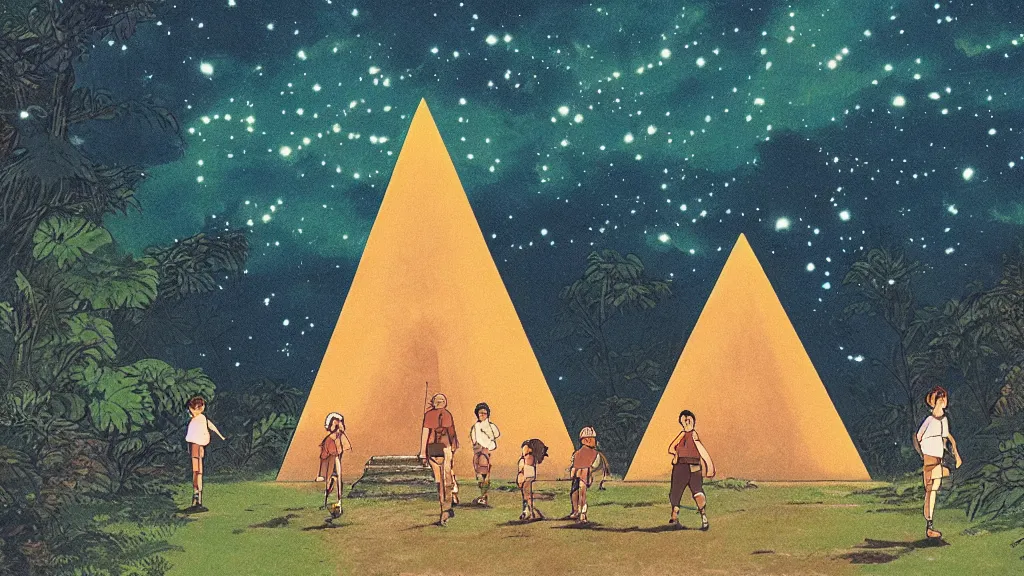 Image similar to a movie still from a studio ghibli film showing a glowing pyramid in the rainforest. a group of heroes train martial arts on a misty starry night. by studio ghibli