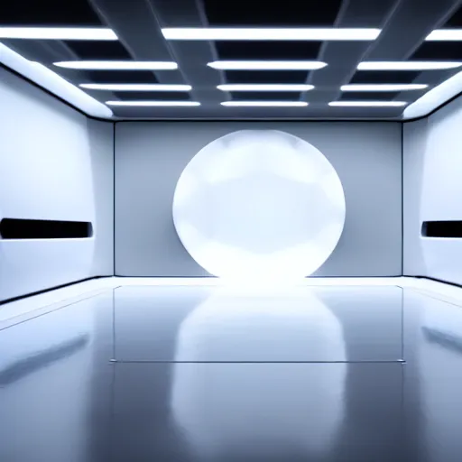 Image similar to a white room 1 2 ft long x 1 0 ft wide x 8 ft tall, geometrically perfect, clean and empty, sci fi spaceship futuristic paneling unreal engine, general studio lighting, 8 k,