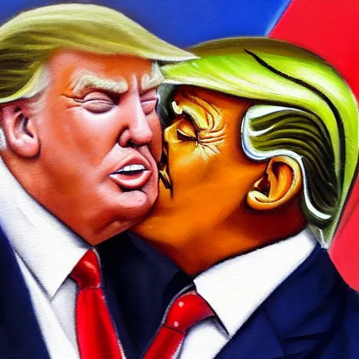 Image similar to oil painting of trump kissing obama, detailed, close up