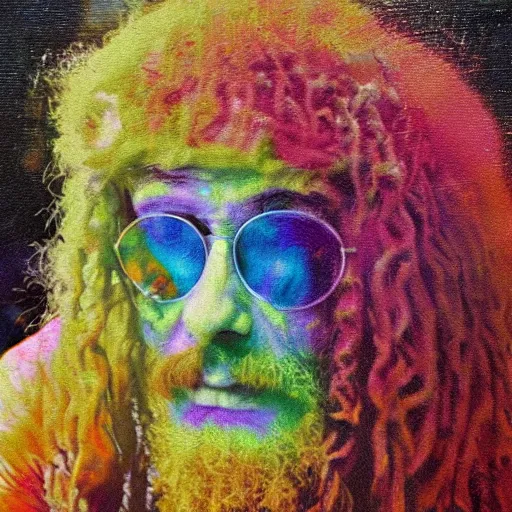 Image similar to an oil painting of a hippy in tie-dye at woodstock 1969, natural colours, character photography, Exquisite detail, post-processing, masterpiece