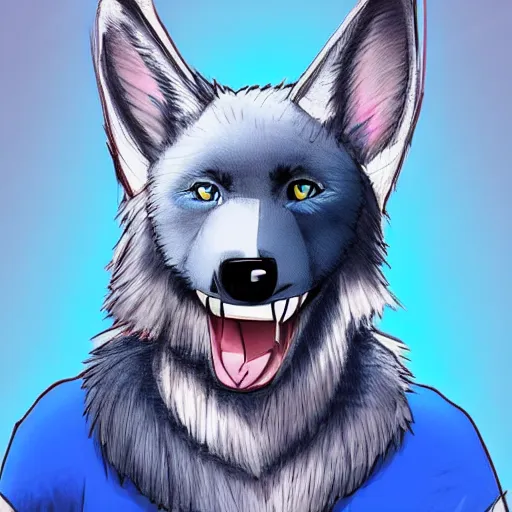 Image similar to an anthro anthropomorphic furry fursona hybrid of a blue german shepherd and a blue fox, with blue fur and blue eyes in a tee shirt, award winning digital art, trending on furaffinity, artstation, pixiv